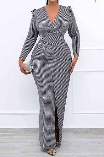 Gray Women Fashion Line Sexy Ruffle V Collar Mid Waist Long Dress YY5309-1