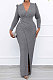 Gray Women Fashion Line Sexy Ruffle V Collar Mid Waist Long Dress YY5309-1