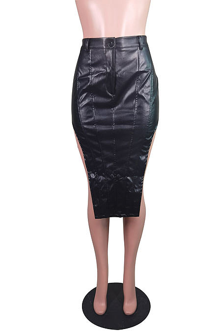 Wine Red Fashion Elastic PU Leather Slit Button Zipper Hip Skirts BS1287-3