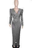 Wine Red Women Fashion Line Sexy Ruffle V Collar Mid Waist Long Dress YY5309-2
