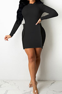 Black Simple Newest Ribber Long Sleeve High Neck Elastic Slim Fitting Hip Dress DR88123-6