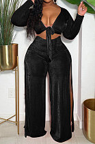Black Wholesale Women Velvet Long Sleeve Bandage Strapless Slit Wide Leg Pants Casual Sets DN8634-2