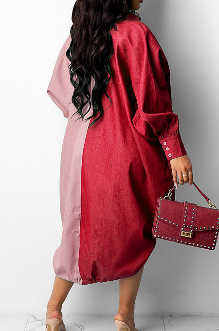Black Autumn Winter Loose Spliced Long Sleeve Lapel Neck Single-Breated Jean Shirt Dress ZS0422-2