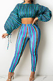 Lake Blue Casual Digital Stripe Printing Arm Drawsting Long Sleeve Round Collar Crop Tops Pencil Pants Two-Piece SZS8175-1
