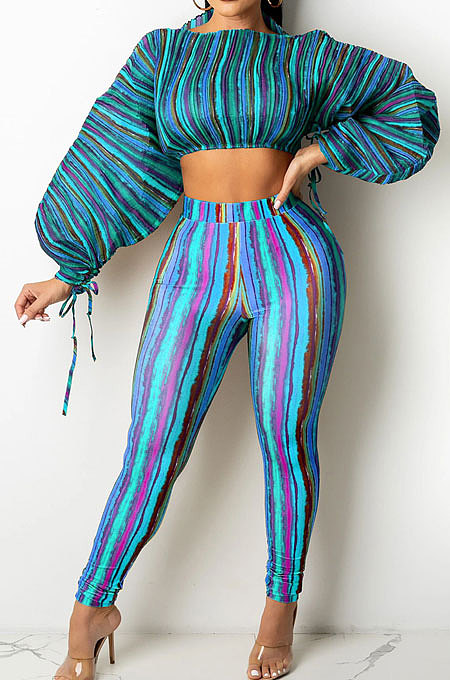 Lake Blue Casual Digital Stripe Printing Arm Drawsting Long Sleeve Round Collar Crop Tops Pencil Pants Two-Piece SZS8175-1