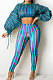 Lake Blue Casual Digital Stripe Printing Arm Drawsting Long Sleeve Round Collar Crop Tops Pencil Pants Two-Piece SZS8175-1