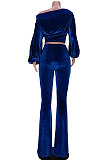 Coffee Women Solid Color Pullover Velvet A Word Shoulder Lantern Sleeve Pocket Flare Leg Pants Sets GL6517-4