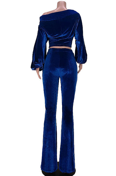 Black Women Solid Color Pullover Velvet A Word Shoulder Lantern Sleeve Pocket Flare Leg Pants Sets GL6517-3