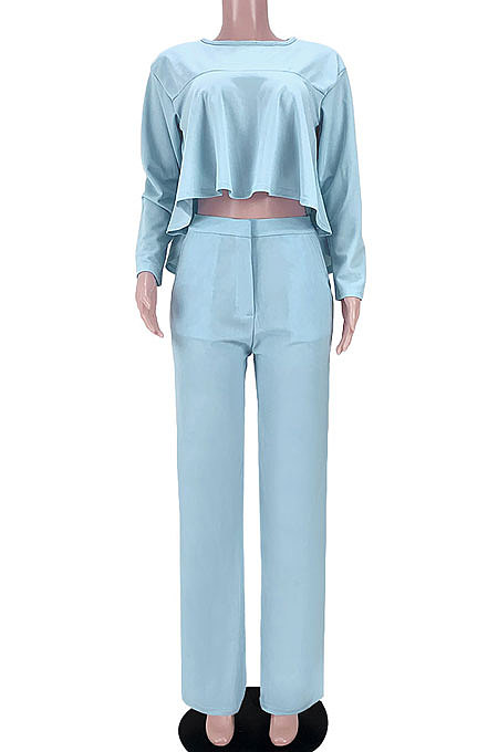 Black Women Irregular Tops Flounce Zipper Pocket Pure Color Straight Leg Pants Two-Pieces GL6509-4