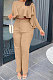 Khaki Women Irregular Tops Flounce Zipper Pocket Pure Color Straight Leg Pants Two-Pieces GL6509-5