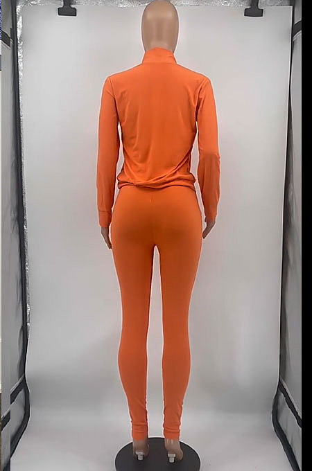 Navy Blue Cotton Blend Casual Long Sleeve Stand Neck Zip Front Coat Bodycon Pants Elastic Sport Sets YYF8252-3