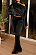 Black Women Solid Color Pullover Velvet A Word Shoulder Lantern Sleeve Pocket Flare Leg Pants Sets GL6517-3