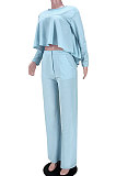 Sky Blue Women Irregular Tops Flounce Zipper Pocket Pure Color Straight Leg Pants Two-Pieces GL6509-1