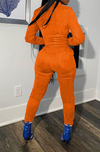 Orange Cotton Blend Casual Long Sleeve Stand Neck Zip Front Coat Bodycon Pants Elastic Sport Sets YYF8252-5