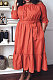 Orange  Fashion A Wrod Shoulder Long Sleeve Collect Waist Swing Solid Color With Beltband  Dress LS6468 
