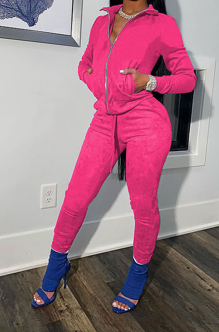 Rose Red Cotton Blend Casual Long Sleeve Stand Neck Zip Front Coat Bodycon Pants Elastic Sport Sets YYF8252-4