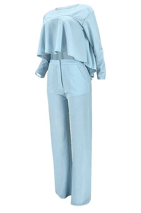 Orange Women Irregular Tops Flounce Zipper Pocket Pure Color Straight Leg Pants Two-Pieces GL6509-2