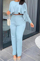 Sky Blue Women Irregular Tops Flounce Zipper Pocket Pure Color Straight Leg Pants Two-Pieces GL6509-1