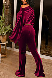 Coffee Women Solid Color Pullover Velvet A Word Shoulder Lantern Sleeve Pocket Flare Leg Pants Sets GL6517-4