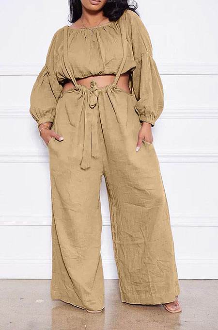 Khaki Women Cotton Blend Ruffle Condole Belt Bandage Pure Color Wide Leg Pants Two-Pieces GL6511-4