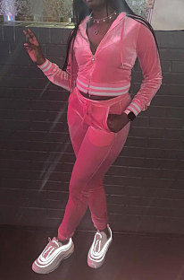 Pink Wholesale Women Velvet Webbint Spliced Long Sleeve Hoodie Bodycon Pants Casual Sport Sets LML271-1