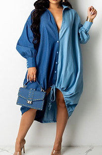 Blue Autumn Winter Loose Spliced Long Sleeve Lapel Neck Single-Breated Jean Shirt Dress ZS0422-3