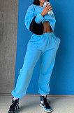 Blue Casual Pure Color Long Sleeve Round Neck Jumper Sweat Pants Loose Sets LML267-4