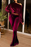 Blue Women Solid Color Pullover Velvet A Word Shoulder Lantern Sleeve Pocket Flare Leg Pants Sets GL6517-1