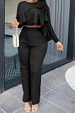 Red Women Irregular Tops Flounce Zipper Pocket Pure Color Straight Leg Pants Two-Pieces GL6509-3