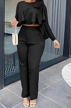 Black Women Irregular Tops Flounce Zipper Pocket Pure Color Straight Leg Pants Two-Pieces GL6509-4