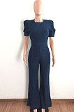 Blue Modest Newest Puff Sleeve Round Neck Backless Zipper Collect Waist Jean Wide Leg Jumpsuits LA3289