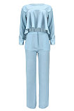 Orange Women Irregular Tops Flounce Zipper Pocket Pure Color Straight Leg Pants Two-Pieces GL6509-2