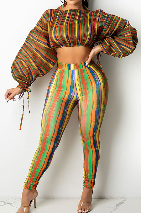 Lake Blue Casual Digital Stripe Printing Arm Drawsting Long Sleeve Round Collar Crop Tops Pencil Pants Two-Piece SZS8175-1