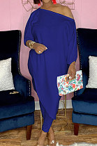 Blue Losse Pure Color Inclined Shoulder Casual Spring Autumn Two Piece QSS51021-8