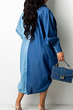 Red Autumn Winter Loose Spliced Long Sleeve Lapel Neck Single-Breated Jean Shirt Dress ZS0422-1