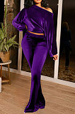 Coffee Women Solid Color Pullover Velvet A Word Shoulder Lantern Sleeve Pocket Flare Leg Pants Sets GL6517-4