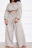 Beige Women Cotton Blend Ruffle Condole Belt Bandage Pure Color Wide Leg Pants Two-Pieces GL6511-7