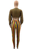 Yellow Casual Digital Stripe Printing Arm Drawsting Long Sleeve Round Collar Crop Tops Pencil Pants Two-Piece SZS8175-2
