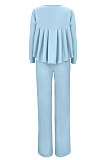 Sky Blue Women Irregular Tops Flounce Zipper Pocket Pure Color Straight Leg Pants Two-Pieces GL6509-1