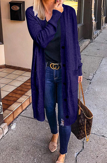 Navy Blue Green Fashion Wholesale Long Sleeve Single-Breasted Sweater Cardigan  Coat SY8827-3