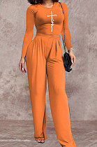 Orange Women Fashion Long Sleeve Printing Tight Pants Sets BYL68000