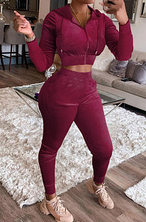 Wine Red Wholesale Women Velvet Long Sleeve Zip Front Hoodie Pencil Pants Slim Fitting Sport Sets YYF8250-8