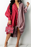 Red Autumn Winter Loose Spliced Long Sleeve Lapel Neck Single-Breated Jean Shirt Dress ZS0422-1