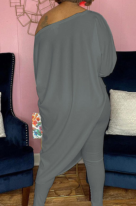 Gray Losse Pure Color Inclined Shoulder Casual Spring Autumn Two Piece QSS51021-7