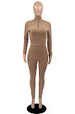 Khaki New Wholesale Ribber Long Sleeve Zip Front T-Shirts Pencil Pants Slim Fitting Two-Piece DR88130-4