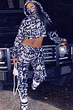Navy Blue Personality Print Long Sleeve Loose Hoodie Bodycon Pants Modest Sets ZDD31166