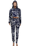 Navy Blue Personality Print Long Sleeve Loose Hoodie Bodycon Pants Modest Sets ZDD31166