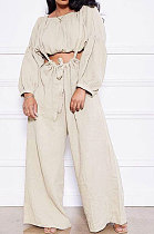 Beige Women Cotton Blend Ruffle Condole Belt Bandage Pure Color Wide Leg Pants Two-Pieces GL6511-7