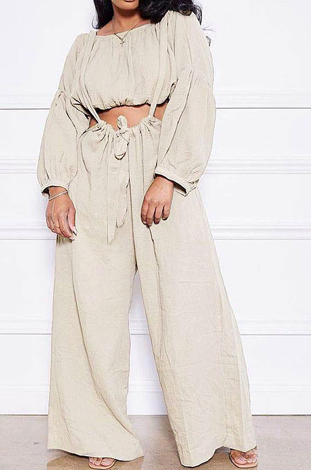 Beige Women Cotton Blend Ruffle Condole Belt Bandage Pure Color Wide Leg Pants Two-Pieces GL6511-7