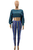 Lake Blue Casual Digital Stripe Printing Arm Drawsting Long Sleeve Round Collar Crop Tops Pencil Pants Two-Piece SZS8175-1